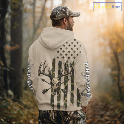 Deer Skull Hunting Shirt Long Sleeve With Beige Camo American Flag, Whitetail Deer Hunting Shirt NHT1475