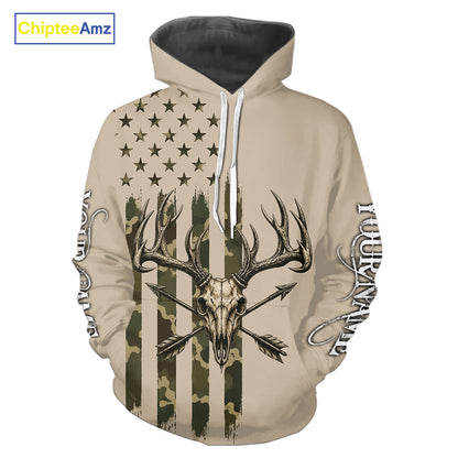 Deer Skull Hunting Shirt Long Sleeve With Beige Camo American Flag, Whitetail Deer Hunting Shirt NHT1475