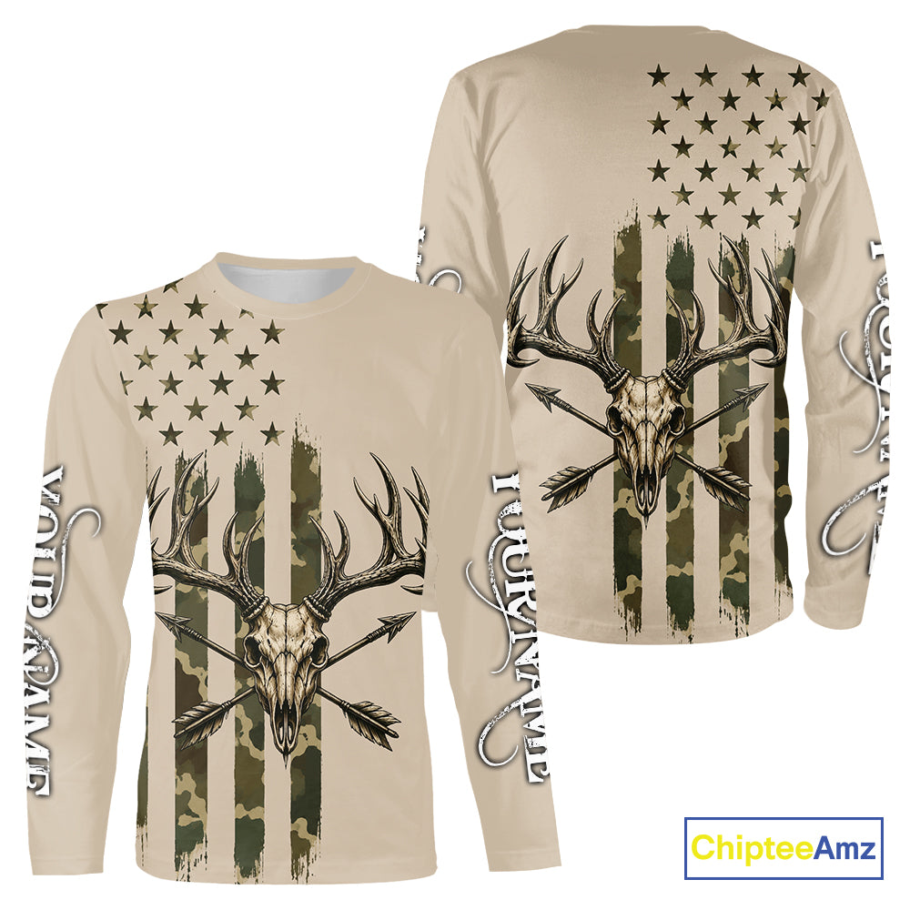 Deer Skull Hunting Shirt Long Sleeve With Beige Camo American Flag, Whitetail Deer Hunting Shirt NHT1475