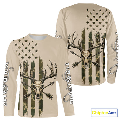 Deer Skull Hunting Shirt Long Sleeve With Beige Camo American Flag, Whitetail Deer Hunting Shirt NHT1475