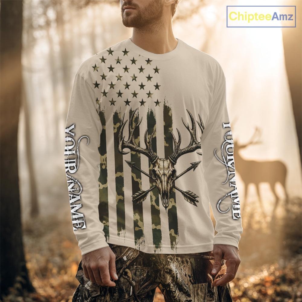 Deer Skull Hunting Shirt Long Sleeve With Beige Camo American Flag, Whitetail Deer Hunting Shirt NHT1475