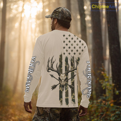 Deer Skull Hunting Shirt Long Sleeve With Beige Camo American Flag, Whitetail Deer Hunting Shirt NHT1475