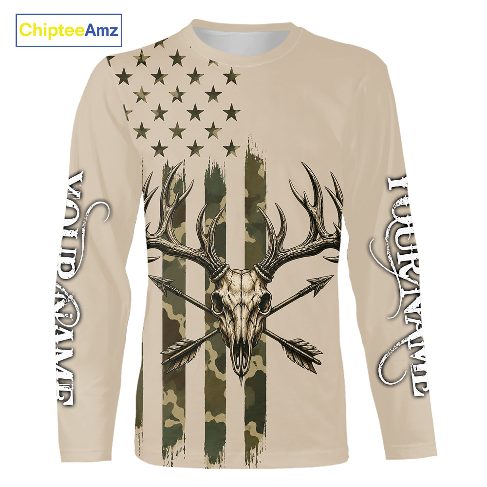Deer Skull Hunting Shirt Long Sleeve With Beige Camo American Flag, Whitetail Deer Hunting Shirt NHT1475