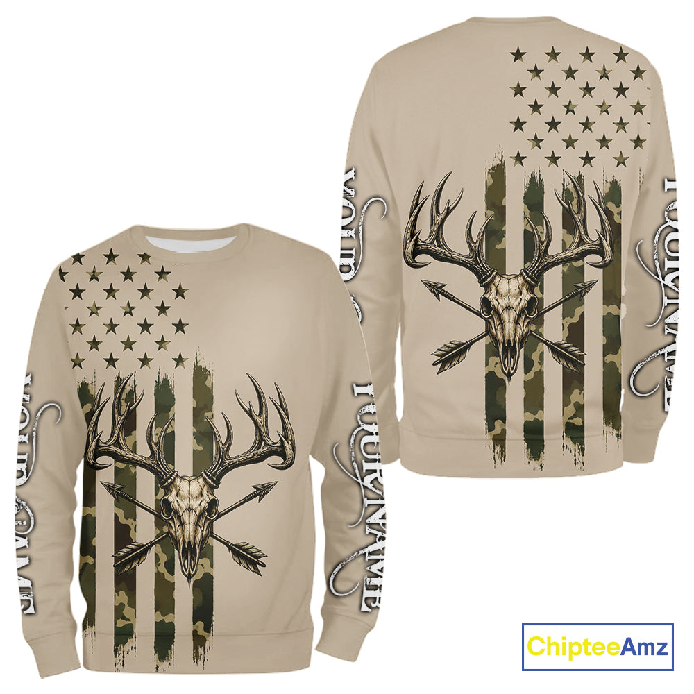 Deer Skull Hunting Shirt Long Sleeve With Beige Camo American Flag, Whitetail Deer Hunting Shirt NHT1475