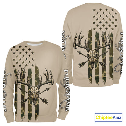 Deer Skull Hunting Shirt Long Sleeve With Beige Camo American Flag, Whitetail Deer Hunting Shirt NHT1475