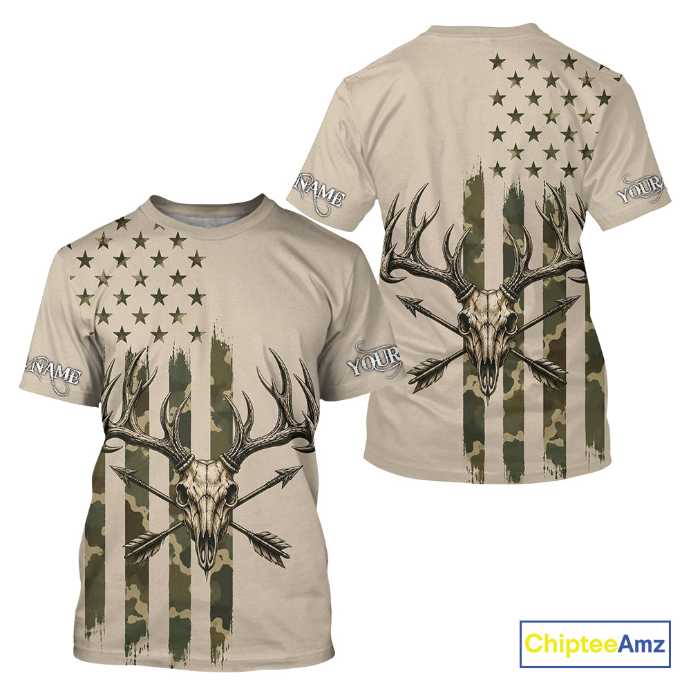 Deer Skull Hunting Shirt Long Sleeve With Beige Camo American Flag, Whitetail Deer Hunting Shirt NHT1475