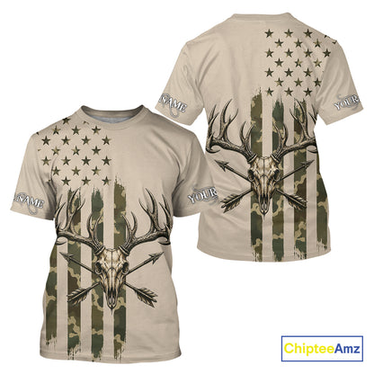 Deer Skull Hunting Shirt Long Sleeve With Beige Camo American Flag, Whitetail Deer Hunting Shirt NHT1475