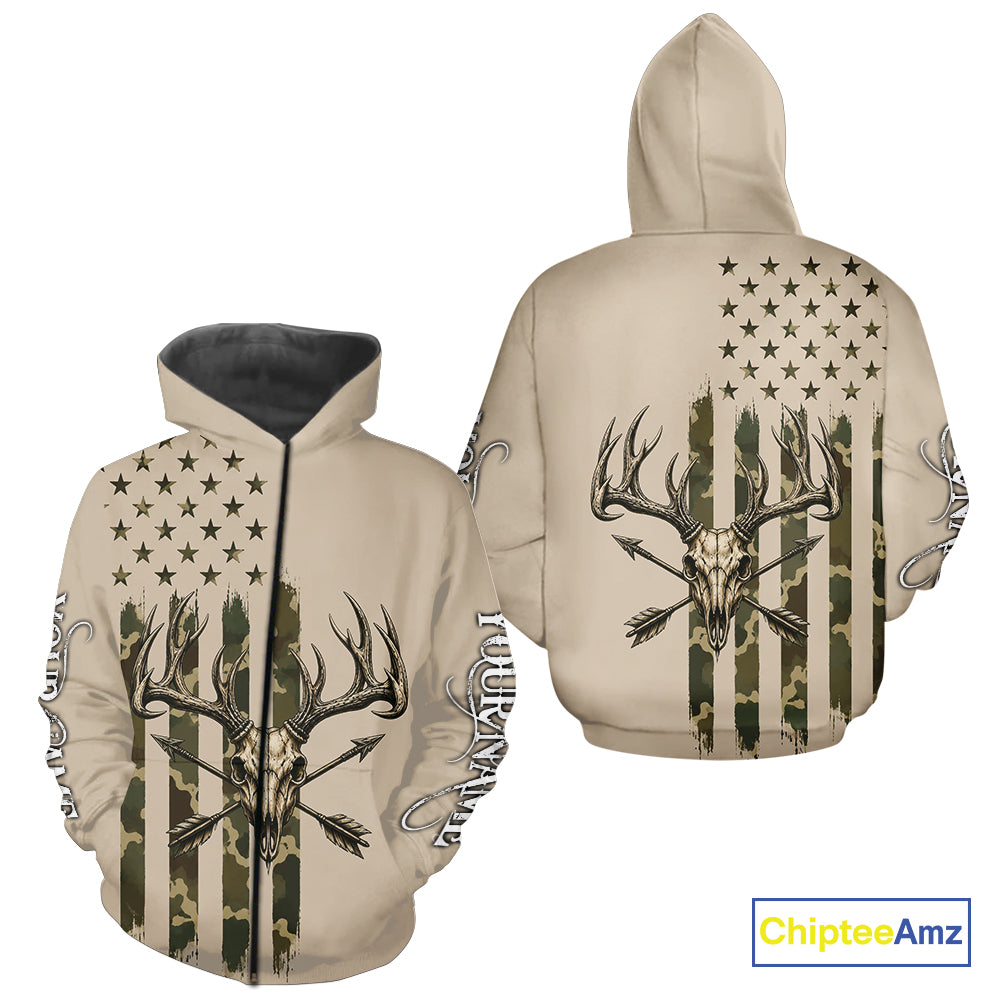 Deer Skull Hunting Shirt Long Sleeve With Beige Camo American Flag, Whitetail Deer Hunting Shirt NHT1475