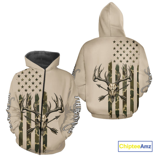 Deer Skull Hunting Shirt Long Sleeve With Beige Camo American Flag, Whitetail Deer Hunting Shirt NHT1475