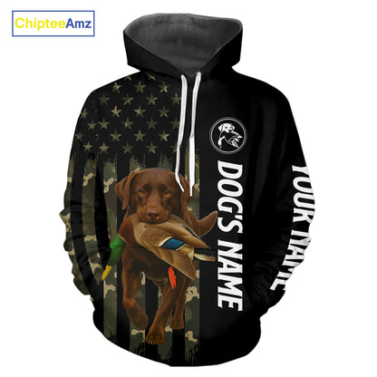 Duck Hunting With Labrador Retriever Dog Custom Name Camo Full Printing Shirts, Chocolate Lab Hunting NHT1478