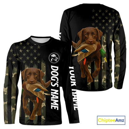 Duck Hunting With Labrador Retriever Dog Custom Name Camo Full Printing Shirts, Chocolate Lab Hunting NHT1478