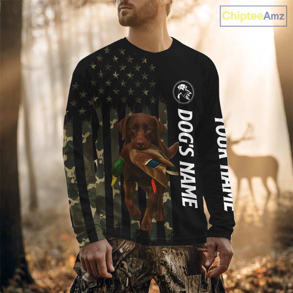 Duck Hunting With Labrador Retriever Dog Custom Name Camo Full Printing Shirts, Chocolate Lab Hunting NHT1478