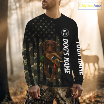 Duck Hunting With Labrador Retriever Dog Custom Name Camo Full Printing Shirts, Chocolate Lab Hunting NHT1478