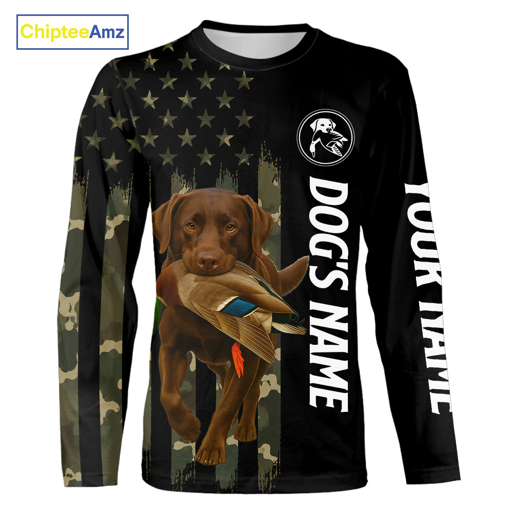 Duck Hunting With Labrador Retriever Dog Custom Name Camo Full Printing Shirts, Chocolate Lab Hunting NHT1478