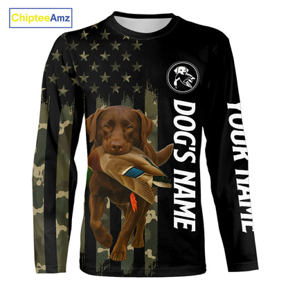 Duck Hunting With Labrador Retriever Dog Custom Name Camo Full Printing Shirts, Chocolate Lab Hunting NHT1478