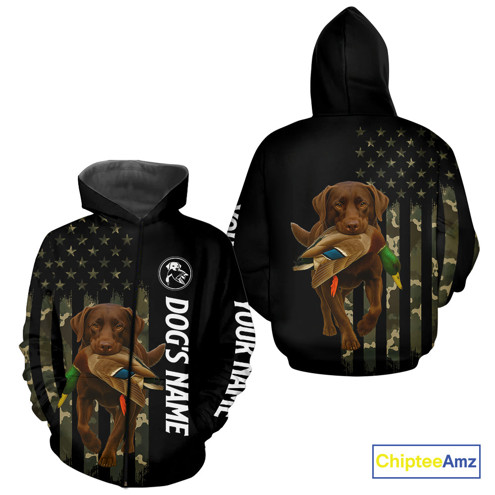 Duck Hunting With Labrador Retriever Dog Custom Name Camo Full Printing Shirts, Chocolate Lab Hunting NHT1478