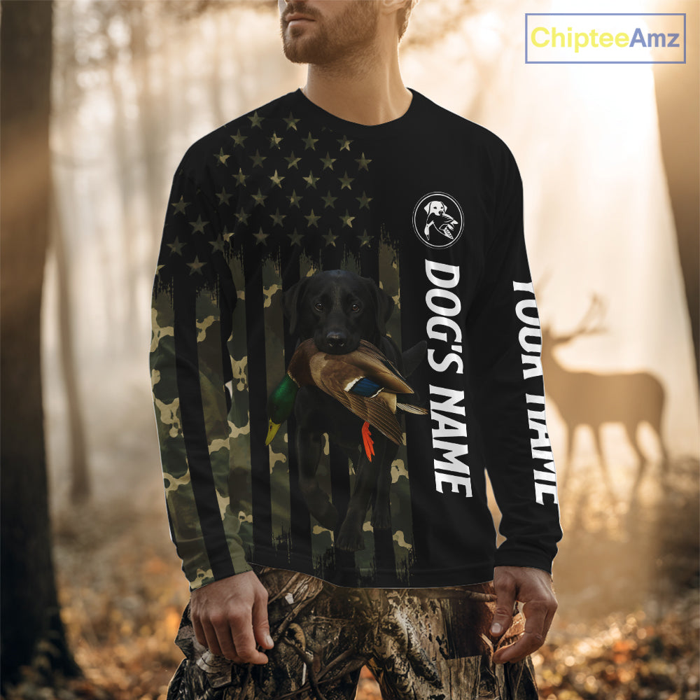 Duck Hunting With Labrador Retriever Dog Custom Name Camo Full Printing Shirts, Black Lab Hunting NHT1479