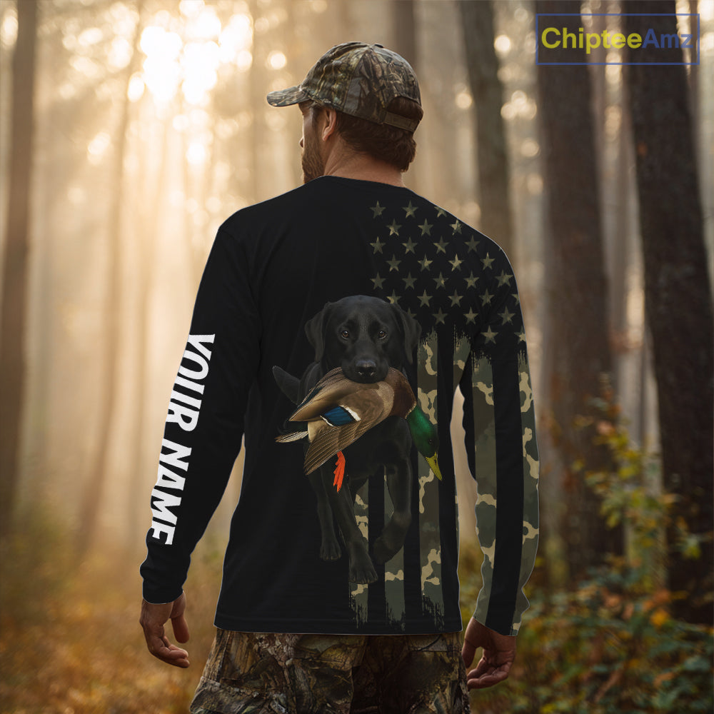 Duck Hunting With Labrador Retriever Dog Custom Name Camo Full Printing Shirts, Black Lab Hunting NHT1479