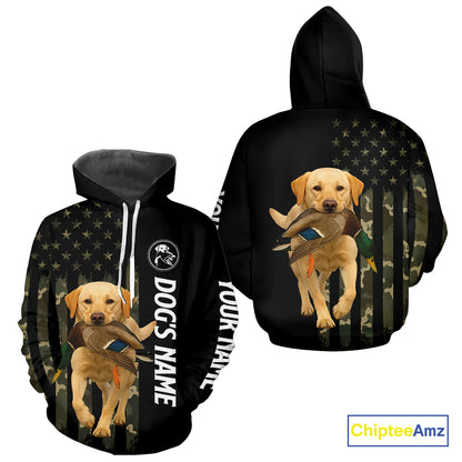 Duck Hunting With Labrador Retriever Dog Custom Name Camo Full Printing Shirts, Yellow Lab Hunting NHT1480