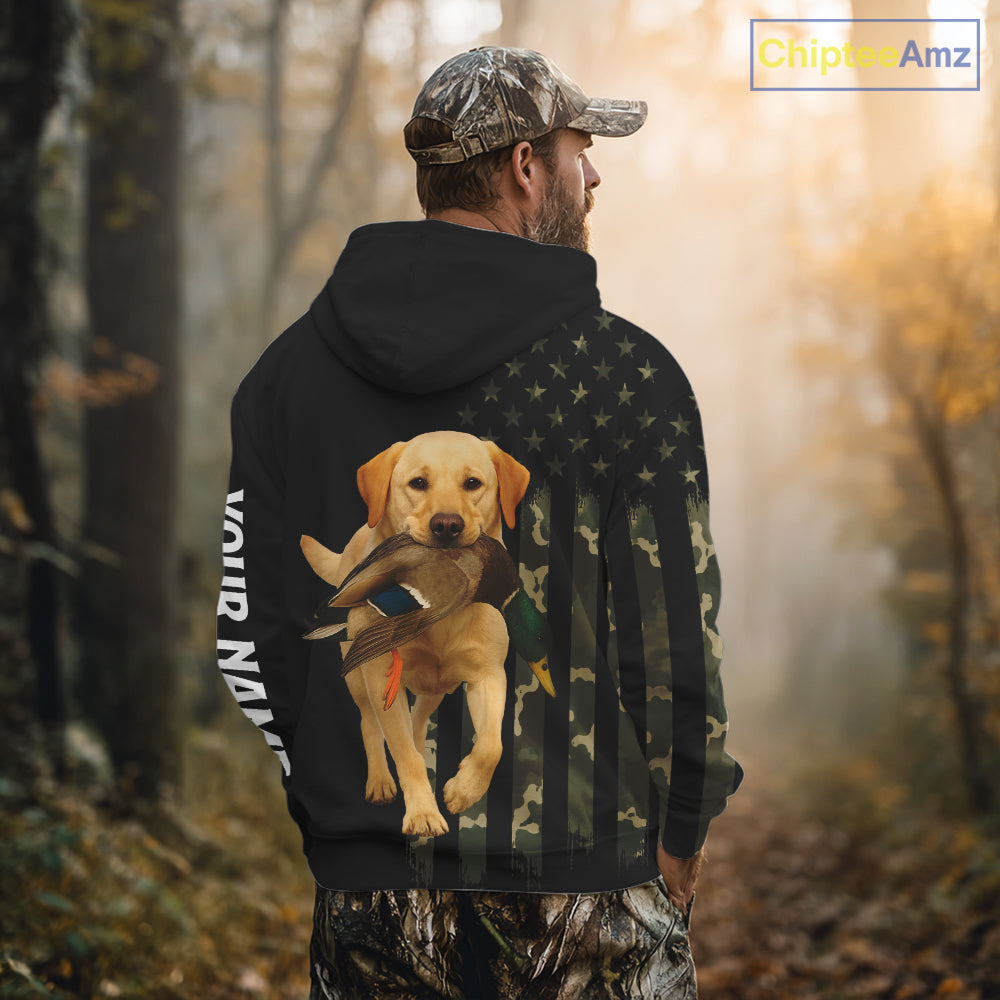Duck Hunting With Labrador Retriever Dog Custom Name Camo Full Printing Shirts, Yellow Lab Hunting NHT1480