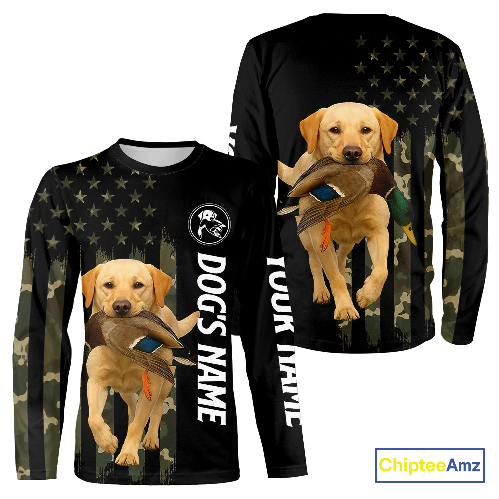 Duck Hunting With Labrador Retriever Dog Custom Name Camo Full Printing Shirts, Yellow Lab Hunting NHT1480