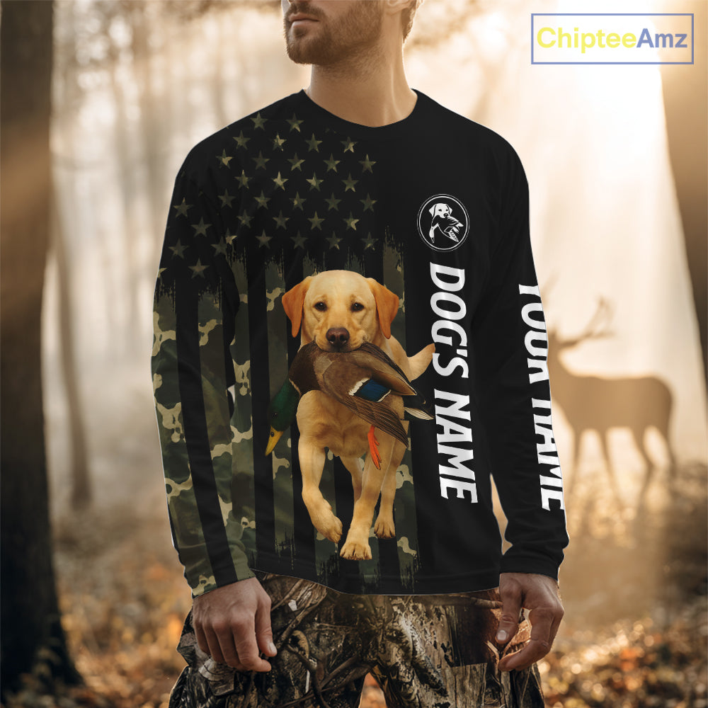 Duck Hunting With Labrador Retriever Dog Custom Name Camo Full Printing Shirts, Yellow Lab Hunting NHT1480