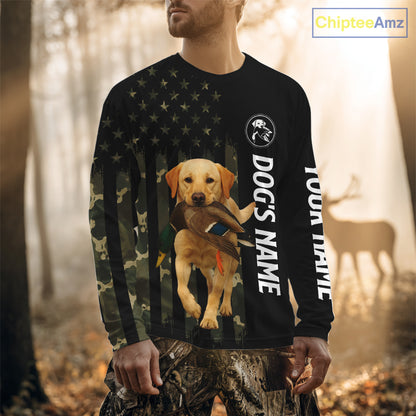 Duck Hunting With Labrador Retriever Dog Custom Name Camo Full Printing Shirts, Yellow Lab Hunting NHT1480