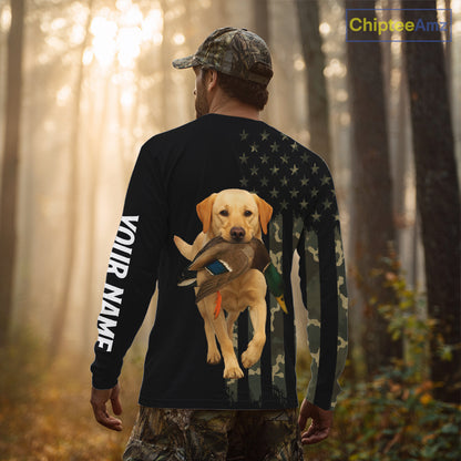 Duck Hunting With Labrador Retriever Dog Custom Name Camo Full Printing Shirts, Yellow Lab Hunting NHT1480