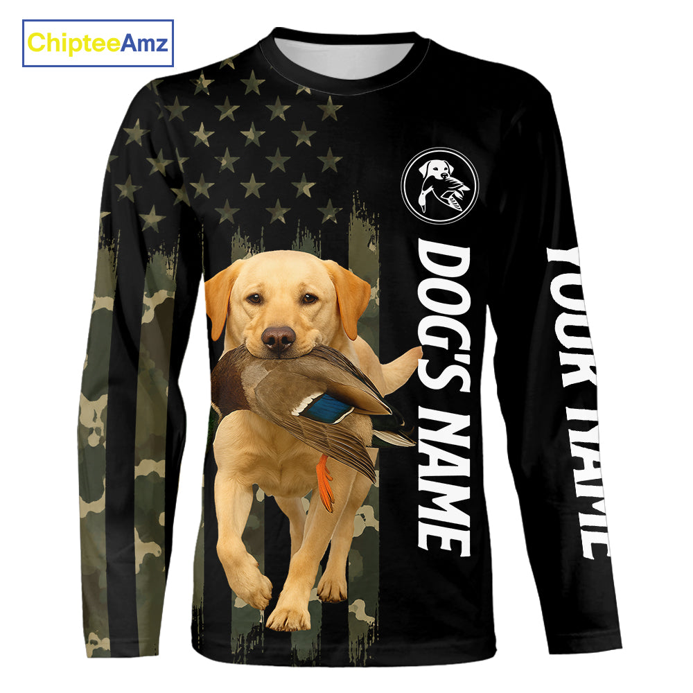 Duck Hunting With Labrador Retriever Dog Custom Name Camo Full Printing Shirts, Yellow Lab Hunting NHT1480