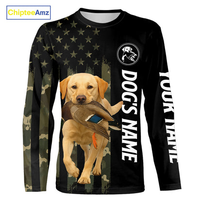 Duck Hunting With Labrador Retriever Dog Custom Name Camo Full Printing Shirts, Yellow Lab Hunting NHT1480