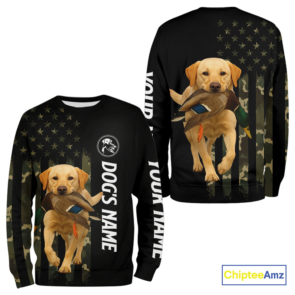 Duck Hunting With Labrador Retriever Dog Custom Name Camo Full Printing Shirts, Yellow Lab Hunting NHT1480