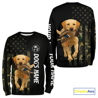 Duck Hunting With Labrador Retriever Dog Custom Name Camo Full Printing Shirts, Yellow Lab Hunting NHT1480