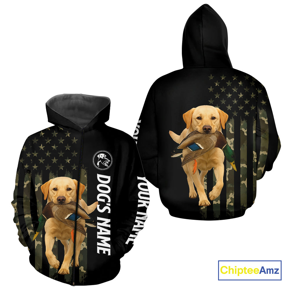 Duck Hunting With Labrador Retriever Dog Custom Name Camo Full Printing Shirts, Yellow Lab Hunting NHT1480