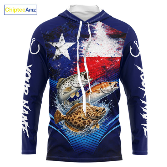 Texas Slam Redfish, Trout, Flounder Custom Fishing Shirts Long Sleeve Hooded, Texas Flag Fishing Shirt NHT505