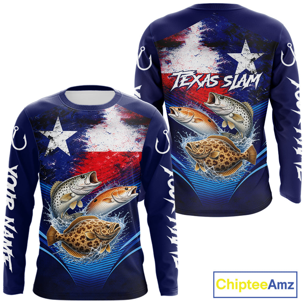 Texas Slam Redfish, Trout, Flounder Custom Fishing Shirts Long Sleeve, Texas Flag Fishing Shirt NHT505