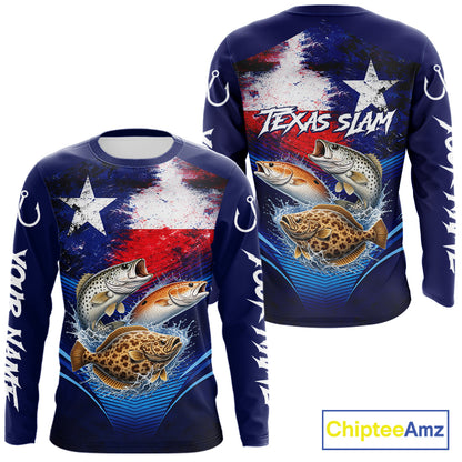 Texas Slam Redfish, Trout, Flounder Custom Fishing Shirts Long Sleeve, Texas Flag Fishing Shirt NHT505