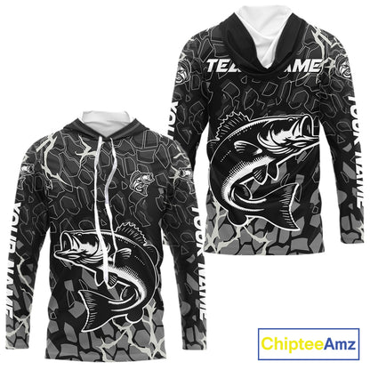 Custom Bass Fishing Black Camo Long Sleeve Hooded Fishing Shirts, Personalized Bass Fishing Jerseys NHT507