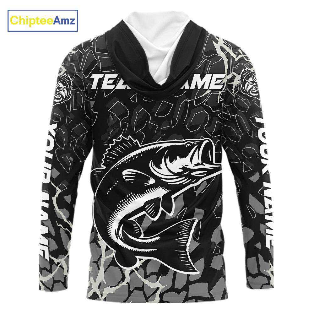 Custom Bass Fishing Black Camo Long Sleeve Hooded Fishing Shirts, Personalized Bass Fishing Jerseys NHT507