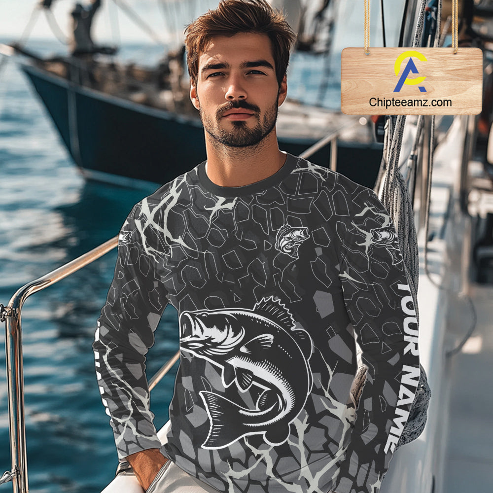 Custom Bass Fishing Black Camo Long Sleeve Fishing Shirts, Personalized Bass Fishing Jerseys NHT507