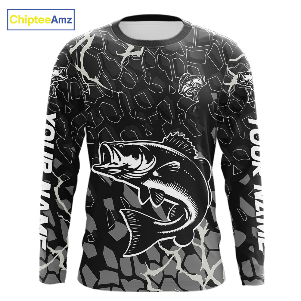 Custom Bass Fishing Black Camo Long Sleeve Fishing Shirts, Personalized Bass Fishing Jerseys NHT507