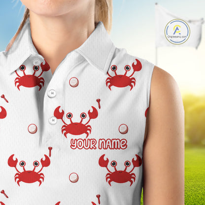 Custom Crab Womens Sleeveless Golf Polo Shirt - Personalized Cute Red Crab Team Name Jersey