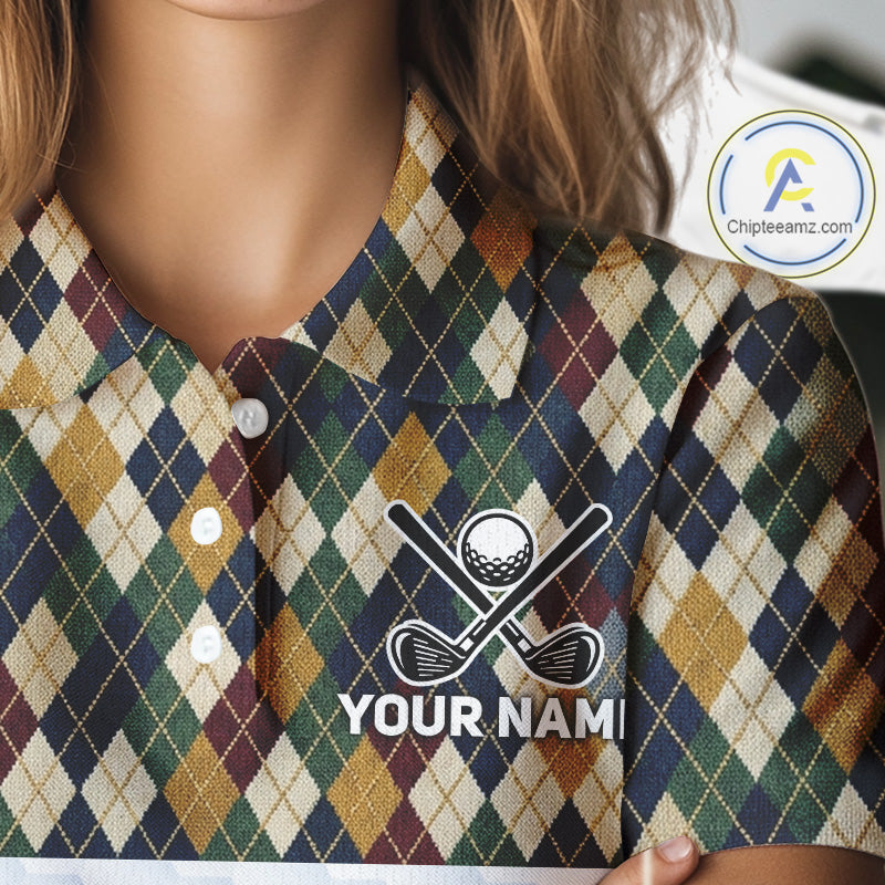 Plaid shirt with golf-themed logo and 'Your Name' text on a mannequin, brand logo in corner.