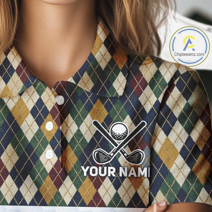 Plaid shirt with golf-themed logo and 'Your Name' text on a mannequin, brand logo in corner.
