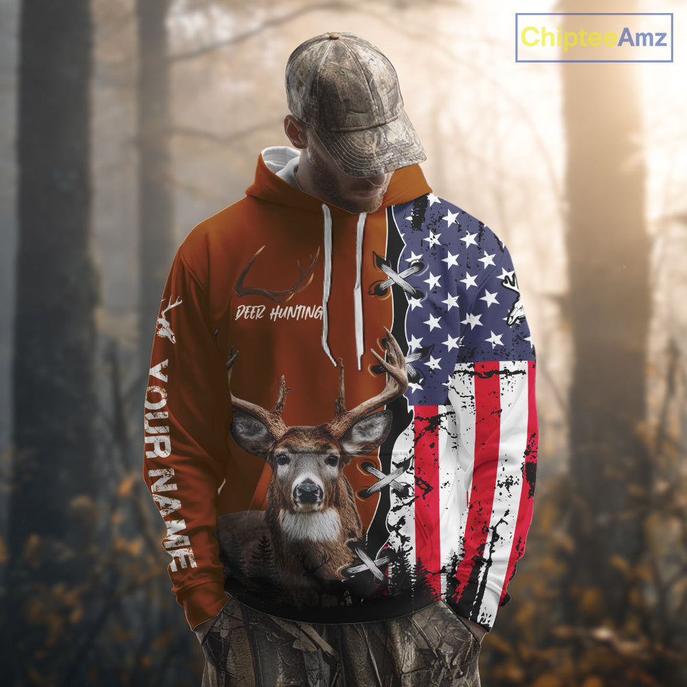 Personalized Orange Deer Hunting 3D Shirt with American Flag Design, Perfect Gift for Hunters NHT280