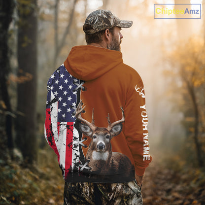 Personalized Orange Deer Hunting 3D Shirt with American Flag Design, Perfect Gift for Hunters NHT280