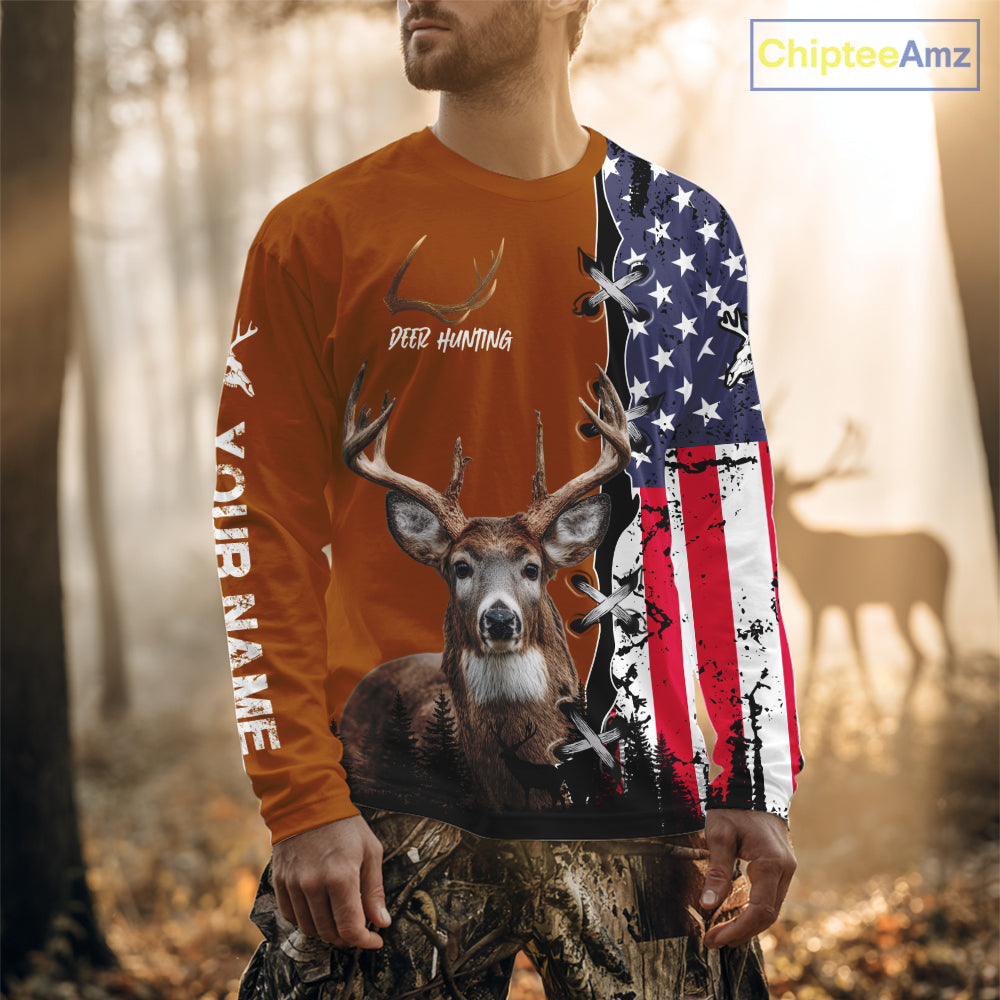 Personalized Orange Deer Hunting 3D Shirt with American Flag Design, Perfect Gift for Hunters NHT280