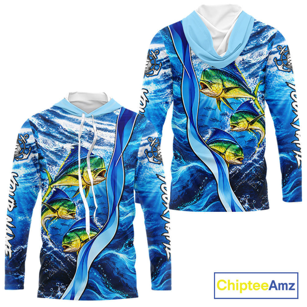 Personalized Mahi Mahi Fishing Shirt Hooded Long Sleeve Ocean Anchor Performance Angler Apparel NHT1821