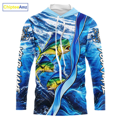 Personalized Mahi Mahi Fishing Shirt Hooded Long Sleeve Ocean Anchor Performance Angler Apparel NHT1821