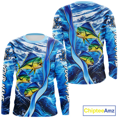 Personalized Mahi Mahi Fishing Shirt Long Sleeve Ocean Anchor Performance Angler Apparel NHT1821