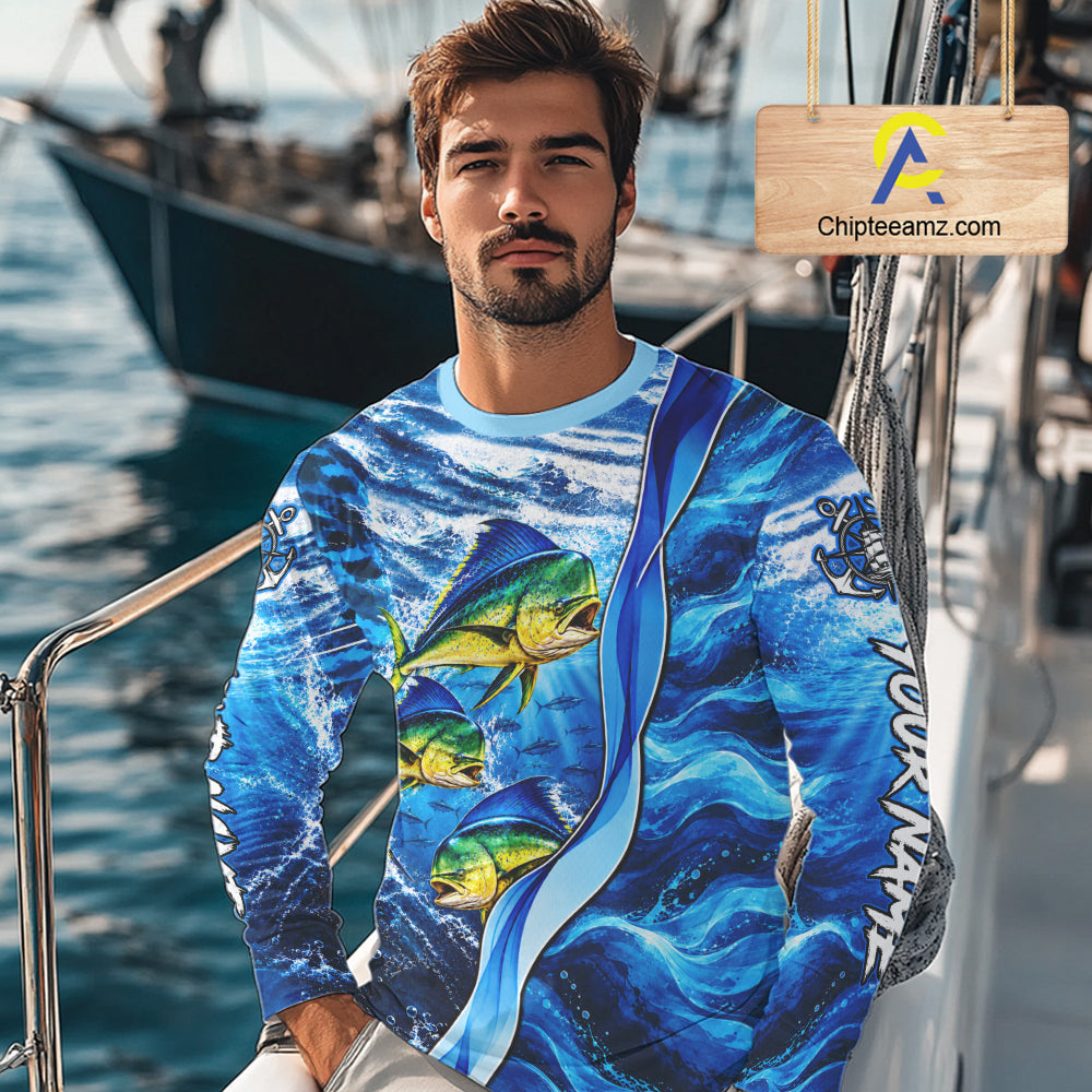 Personalized Mahi Mahi Fishing Shirt Long Sleeve Ocean Anchor Performance Angler Apparel NHT1821